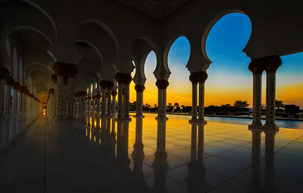 Sunset, shadow, columns, UAE, Abu Dhabi, Sheikh Zayed Mosque, The Sheikh Zayed Grand Mosque
