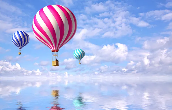 The sky, water, reflection, balls, blue, beauty, air, Air-Balloons