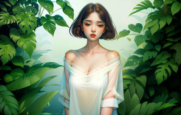 Picture girl, leaves, asian, art