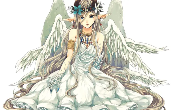 Picture girl, flowers, elf, wings, anime, art, horns, wreath
