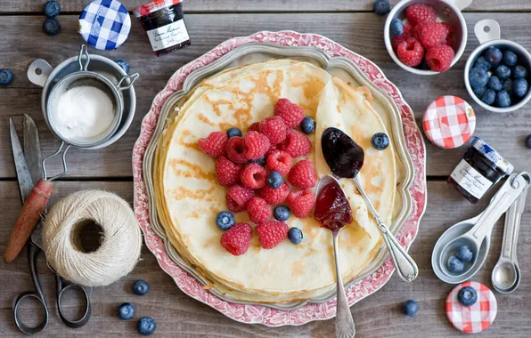 Berries, raspberry, blueberries, still life, pancakes, twine, scissors, jam