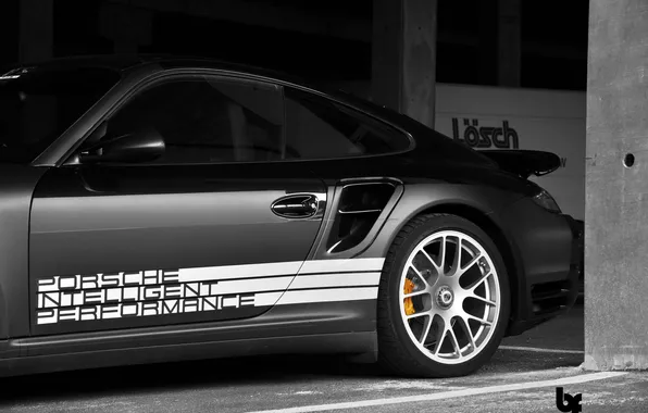 Picture the inscription, 911, Porsche, b/W, drives, Porsche, Turbo, black and white