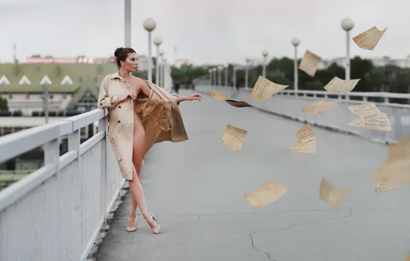 Girl, bridge, paper, brunette, shoes, leaves, cloak, Nude