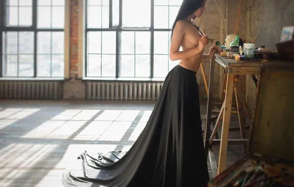 Girl, room, model, skirt, brunette, light, sunshine, sexy