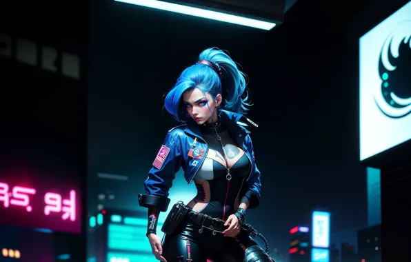 Chest, girl, lightning, tattoo, costume, beautiful, blue eyes, blue hair