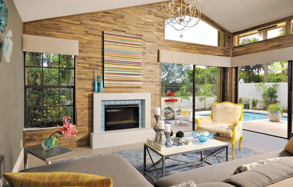 Wallpaper interior, pool, fireplace, living room for mobile and desktop ...