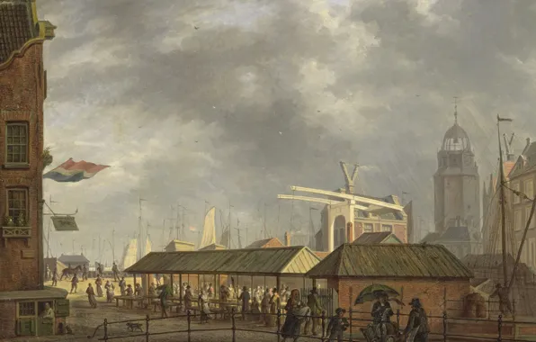 Picture, the urban landscape, Johannes Jelgerhuis, A small Fish Market in Amsterdam