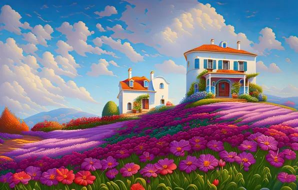 Landscape, flowers, home, hill, art