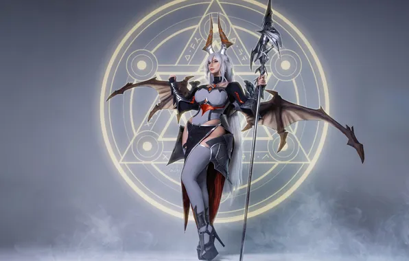 Girl, wings, pentagram, spear, cosplay