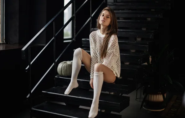 Girl, pose, feet, ladder, pumpkin, Golf, sweater, Maksim Chuprin