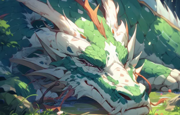 Face, pose, green, dragon, sleep, fantasy, sleeping, lies