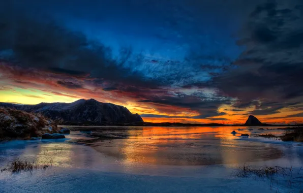 Ice, winter, the sky, clouds, sunset, mountains, rock, lake