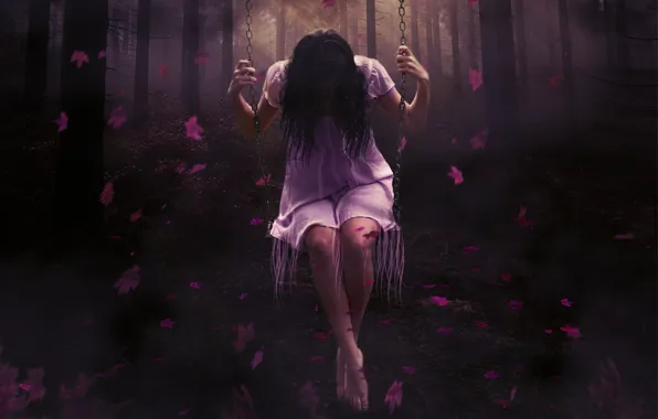 Picture forest, leaves, girl, swing, dress, ride, art, alone