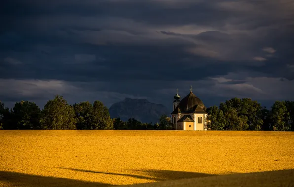 Picture field, clouds, trees, mountain, Austria, chapel, Austria, Lower Austria