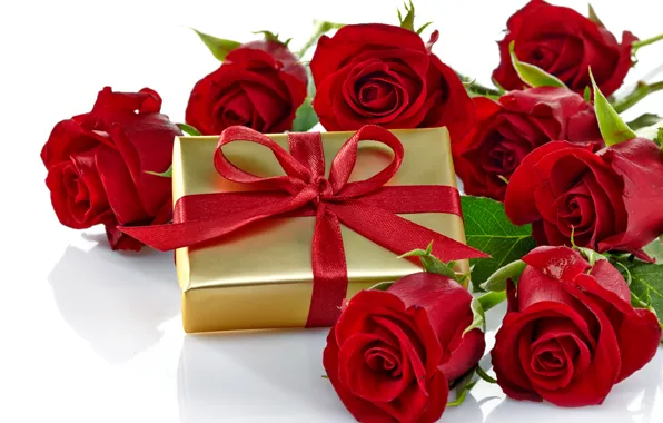 Box, gift, roses, red, love, bow, flowers, romantic