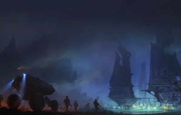 Night, lights, future, city, future, soldiers, soldiers, night