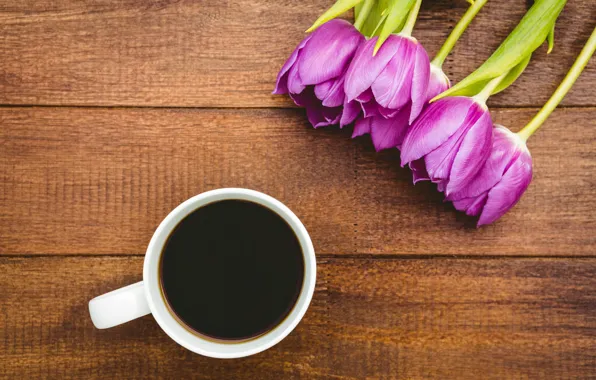 Flowers, coffee, bouquet, Cup, tulips, wood, flowers, cup