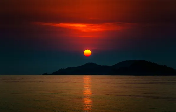 Picture sea, the sky, the sun, sunset, mountains