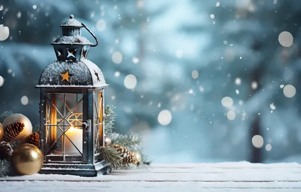 Winter, snow, decoration, night, New Year, Christmas, lantern, light