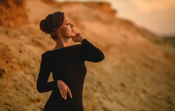 Sand, girl, pose, open, hands, figure, closed eyes, black dress