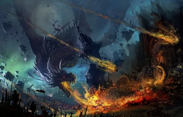 Picture the wreckage, castle, fire, dragons, army, art, battle, the worm