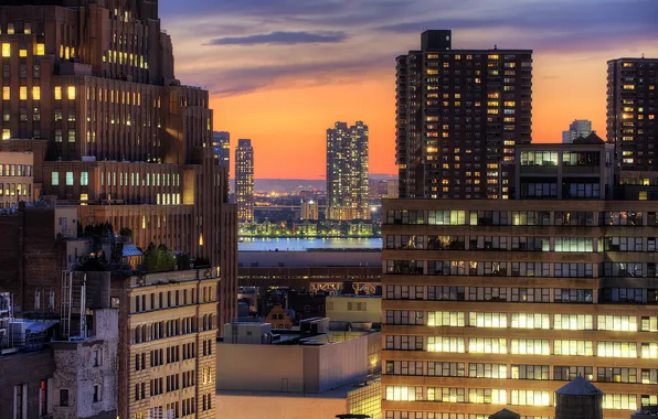 Picture the city, building, home, New York, skyscrapers, the evening, roof, USA