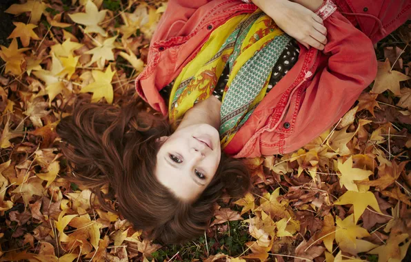 Autumn, leaves, girl, Taelor