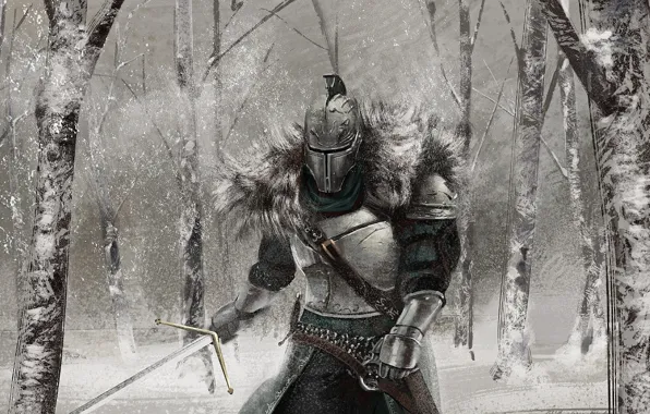 Winter, forest, snow, sword, armor, art, knight, Dark Souls 2