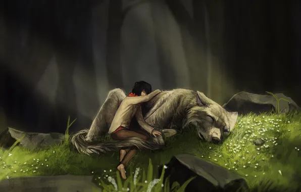 Picture forest, girl, nature, wolf