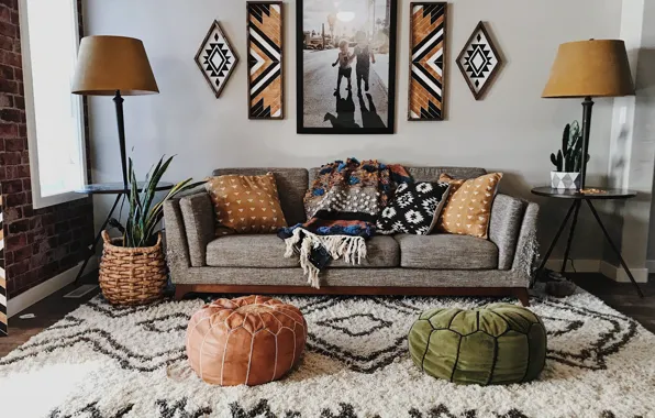 Design, style, lamp, room, interior, sofa, living room, puffs