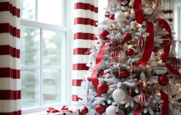 Balls, Christmas, red, New year, tree, white, herringbone, light background
