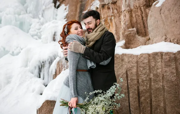 Winter, girl, snow, flowers, nature, rock, stones, woman