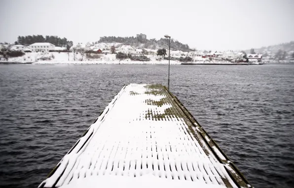 Winter, lake, village, pier, wind, snowing, lamp post