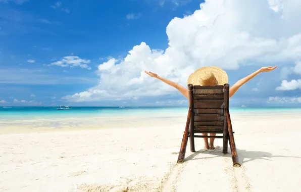 Relax, light, girl, summer, beach, sky, hat, water