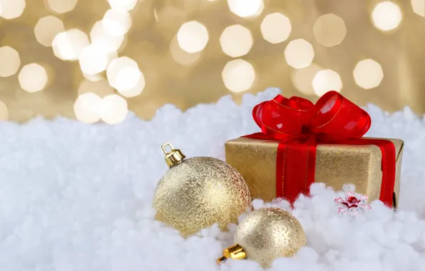 Snow, gift, balls, New Year, Christmas, Christmas, balls, snow