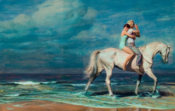 Picture sea, horse, art, two