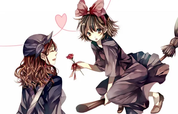 Picture flower, girls, rose, anime, art, witch, broom, bow