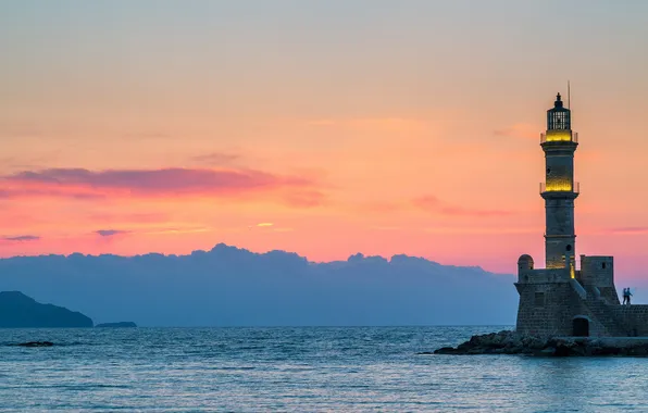 Sea, landscape, sunset, Crete, Chania Lighthouse