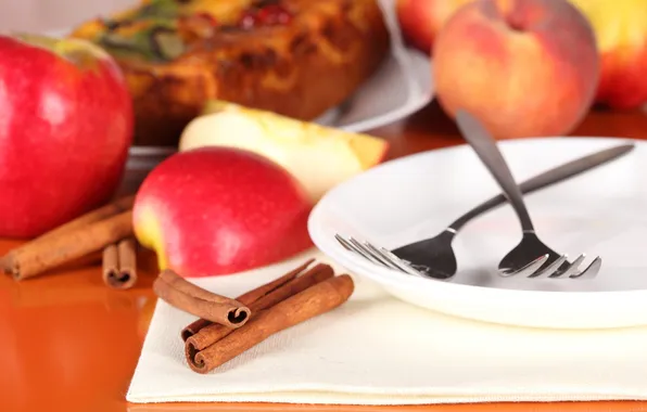 Apples, plate, cinnamon, fork