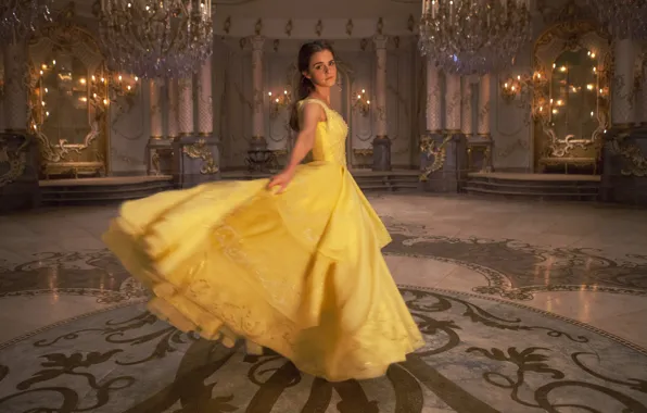 Picture cinema, Disney, Emma Watson, dress, yellow, movie, film, Beauty and The Beast