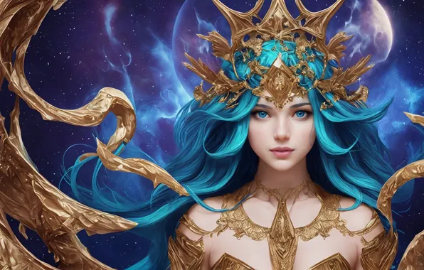 Girl, crown, blue eyes, blue hair