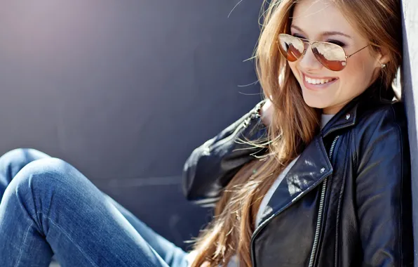 Picture girl, smile, jeans, glasses, jacket, solar