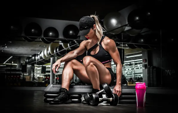 Girl, cup, muscles, pose, female, fitness