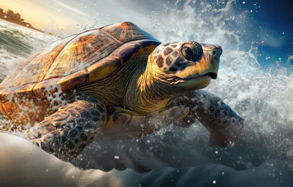 Sea, wave, water, squirt, turtle, art, sea turtle, digital art