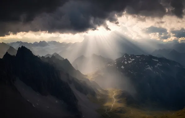 Light, mountains, clouds, fog, rocks, the slopes, height, haze