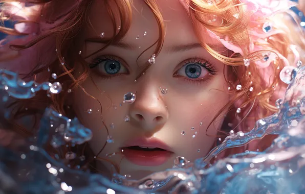 Water, girl, face, image, digital art, AI art, neural network, the art of artificial intelligence