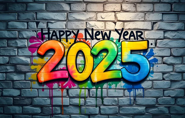 Wall, graffiti, paint, figures, New year, bricks, date, 2025