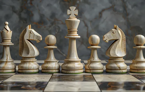 Horses, chess, white, grey background, chess Board, king, chess pieces, wooden