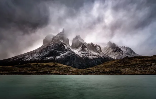 The sky, water, mountains, clouds, lake, South America