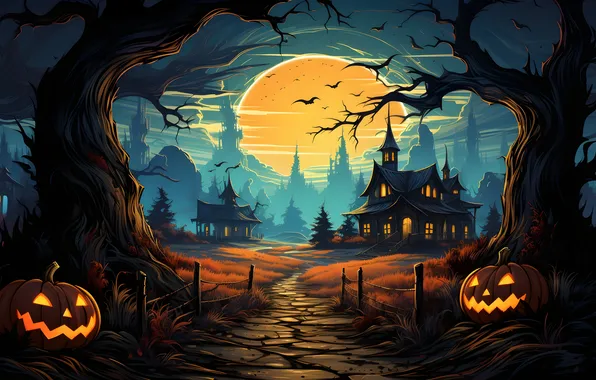 Home, The evening, Road, Lights, The fence, Trees, The moon, Pumpkin